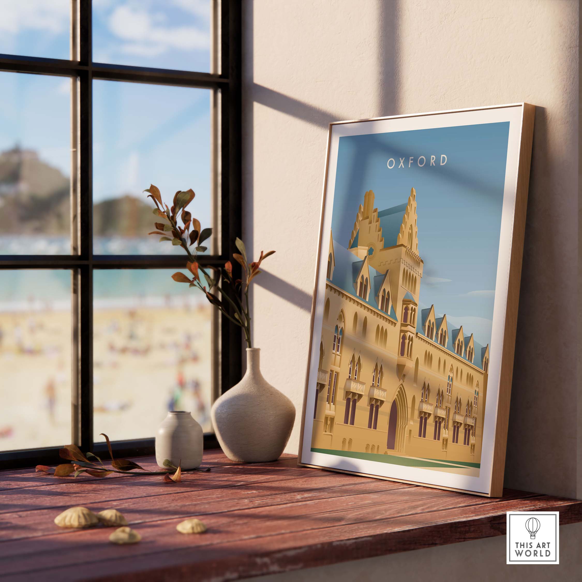 Oxford Wall Art Poster featuring a vintage design of Oxford's architecture by a sunny window.