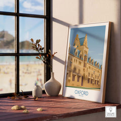 Framed Oxford wall art print depicting vintage architecture, perfect for home or office decor.