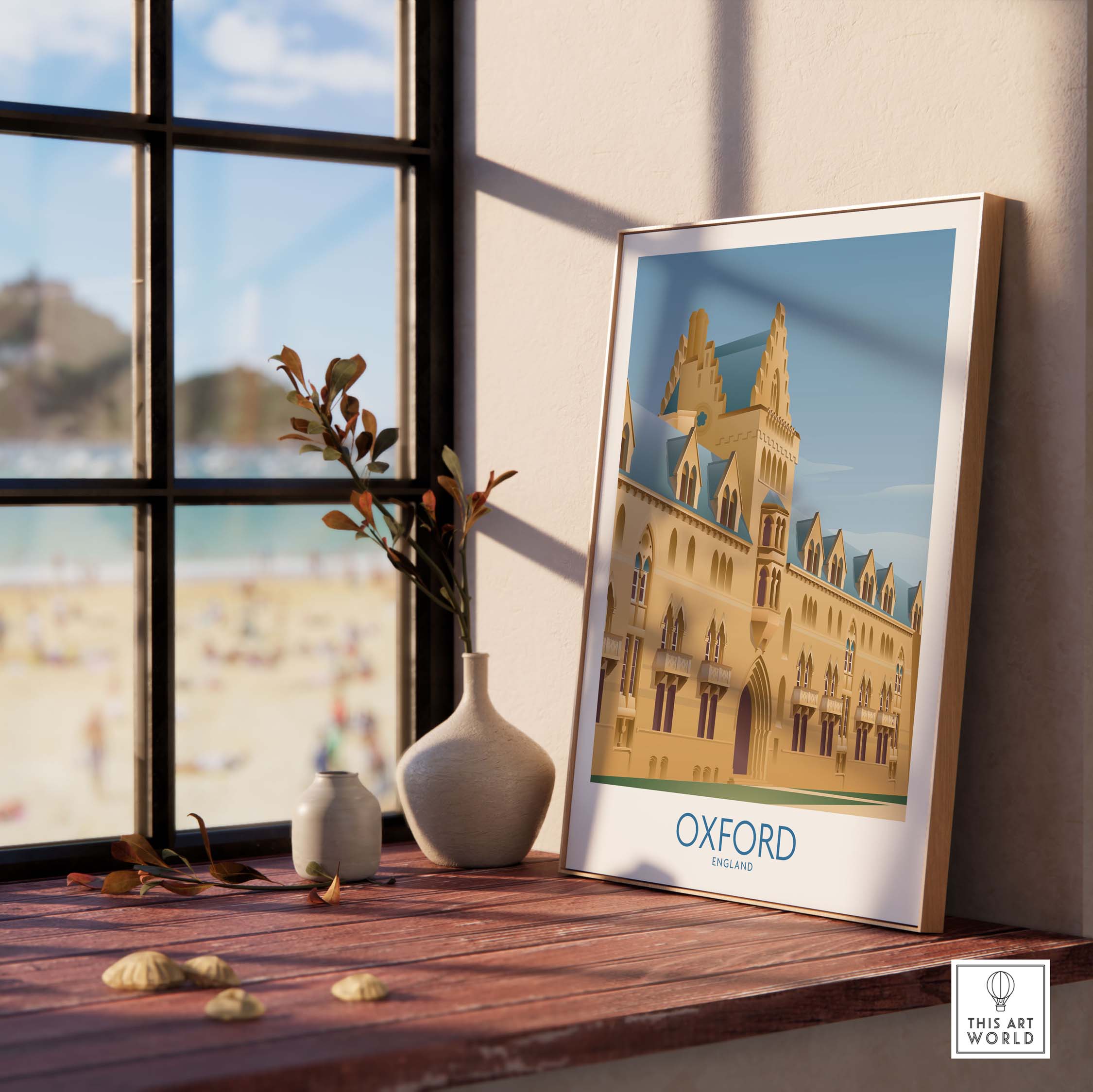 Framed Oxford wall art print depicting vintage architecture, perfect for home or office decor.