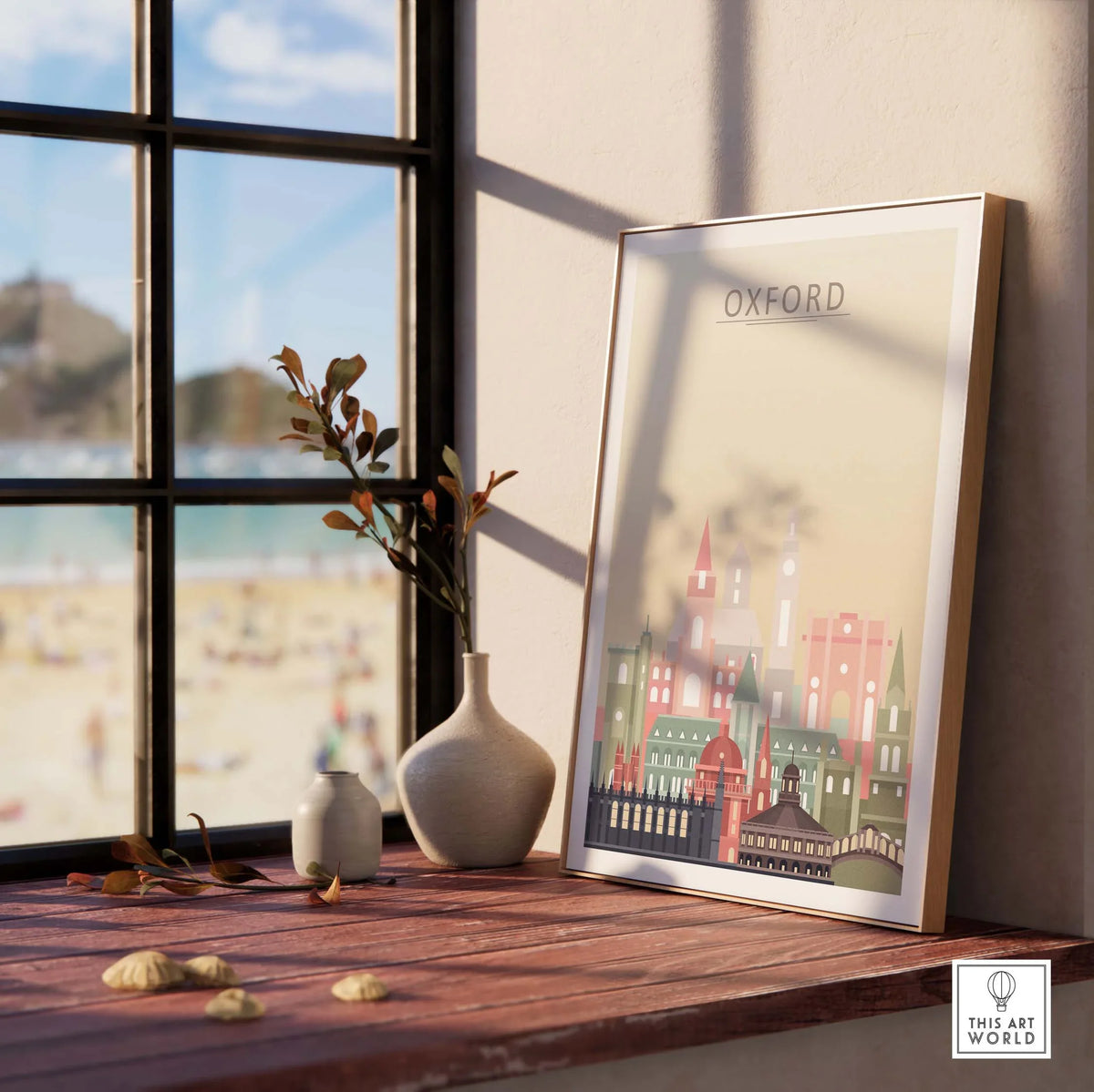Oxford skyline print displayed in a sunlit room, showcasing architectural beauty in warm pastel tones.