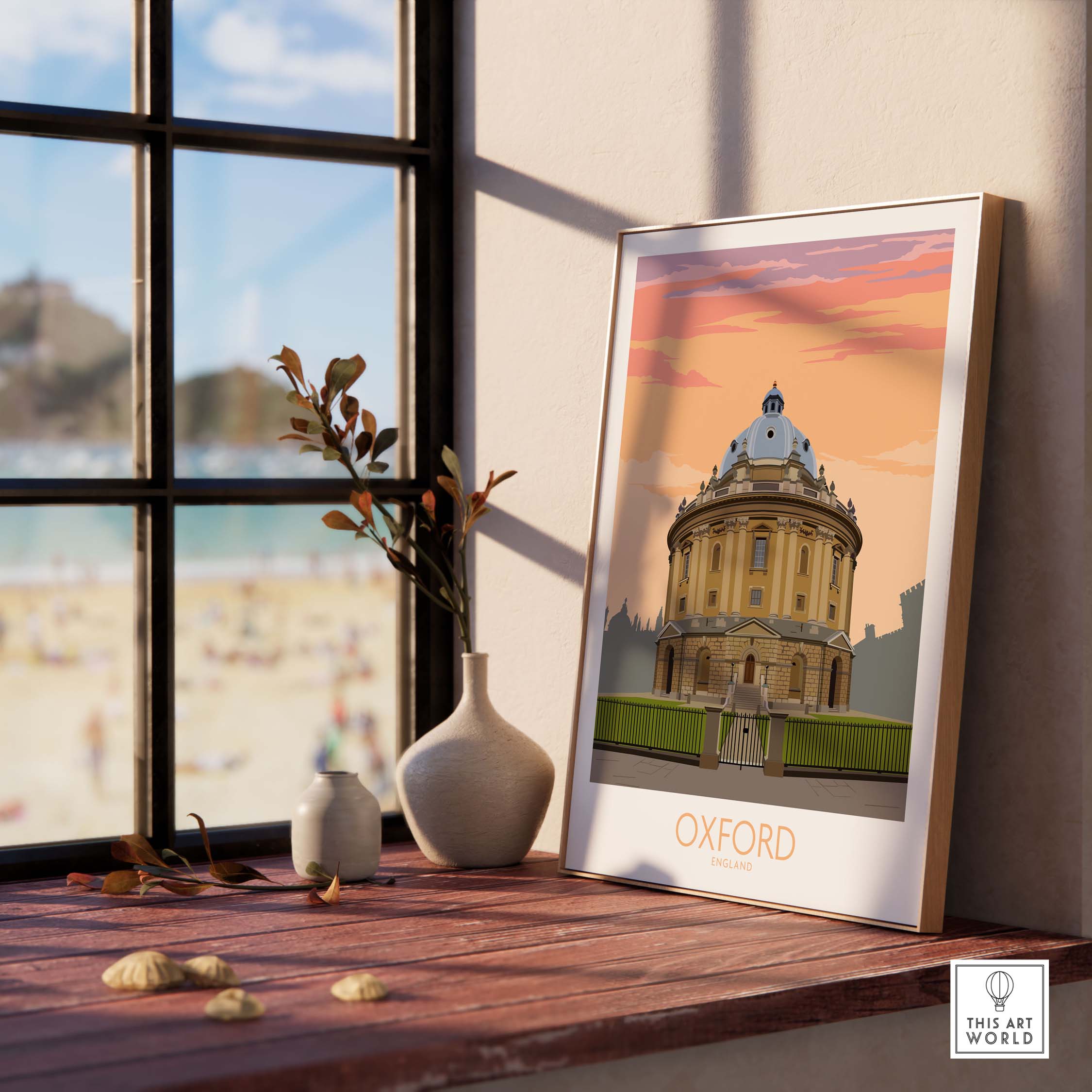 Oxford Travel Poster featuring vintage design, placed on a wooden table with natural lighting and decorative elements.