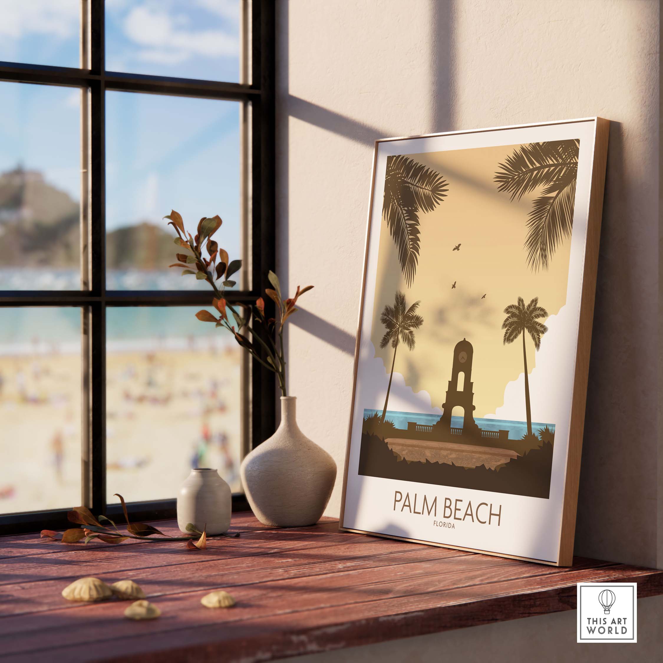 Palm Beach wall art featuring a minimalist design with palm trees, framed print on a sunny windowsill.