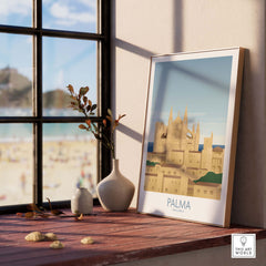 Palma Mallorca wall art print framed, showcasing beach view and vintage travel design, perfect for home decor.