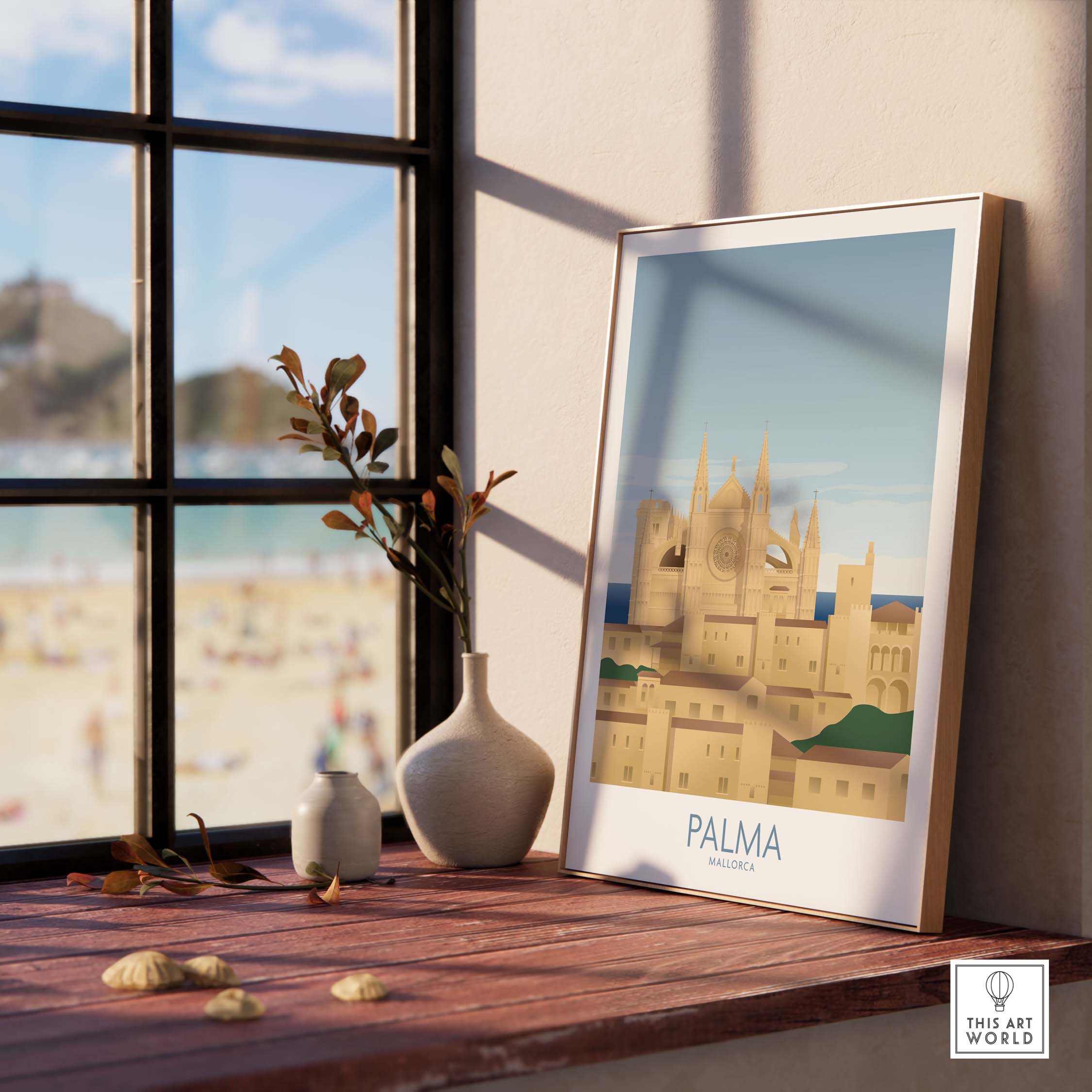 Palma Mallorca wall art print framed, showcasing beach view and vintage travel design, perfect for home decor.