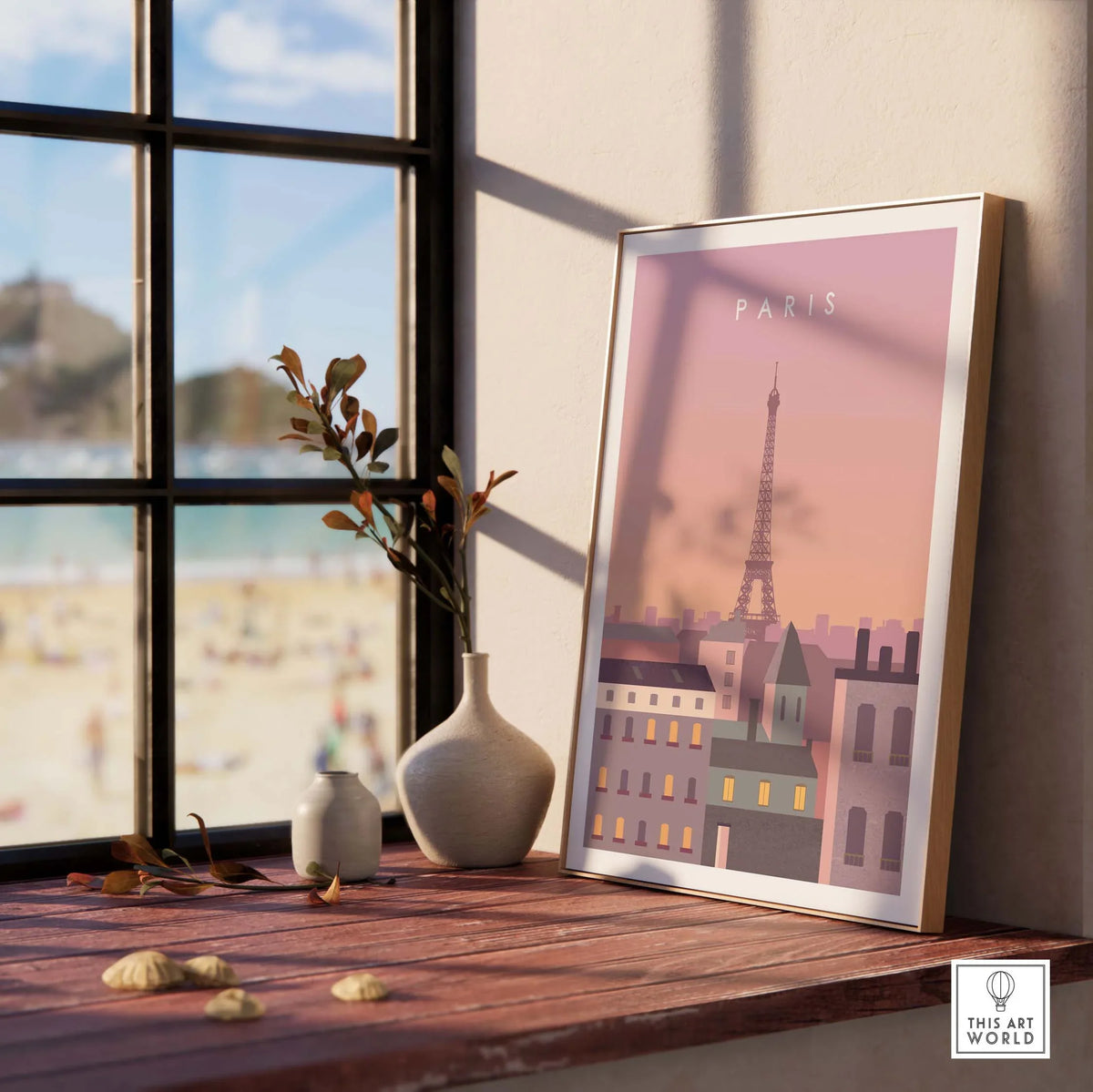 Paris Print Wall Art Poster featuring the Eiffel Tower, displayed in a stylish interior setting with natural light.
