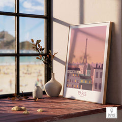 Paris Print Travel Poster featuring Eiffel Tower artwork in a stylish room setting, perfect for wanderlust decor.