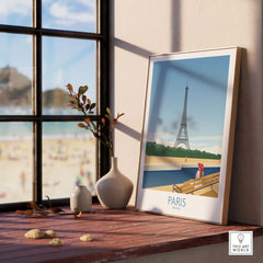 Paris wall art poster print featuring the Eiffel Tower, styled in a cozy interior setting with natural light.