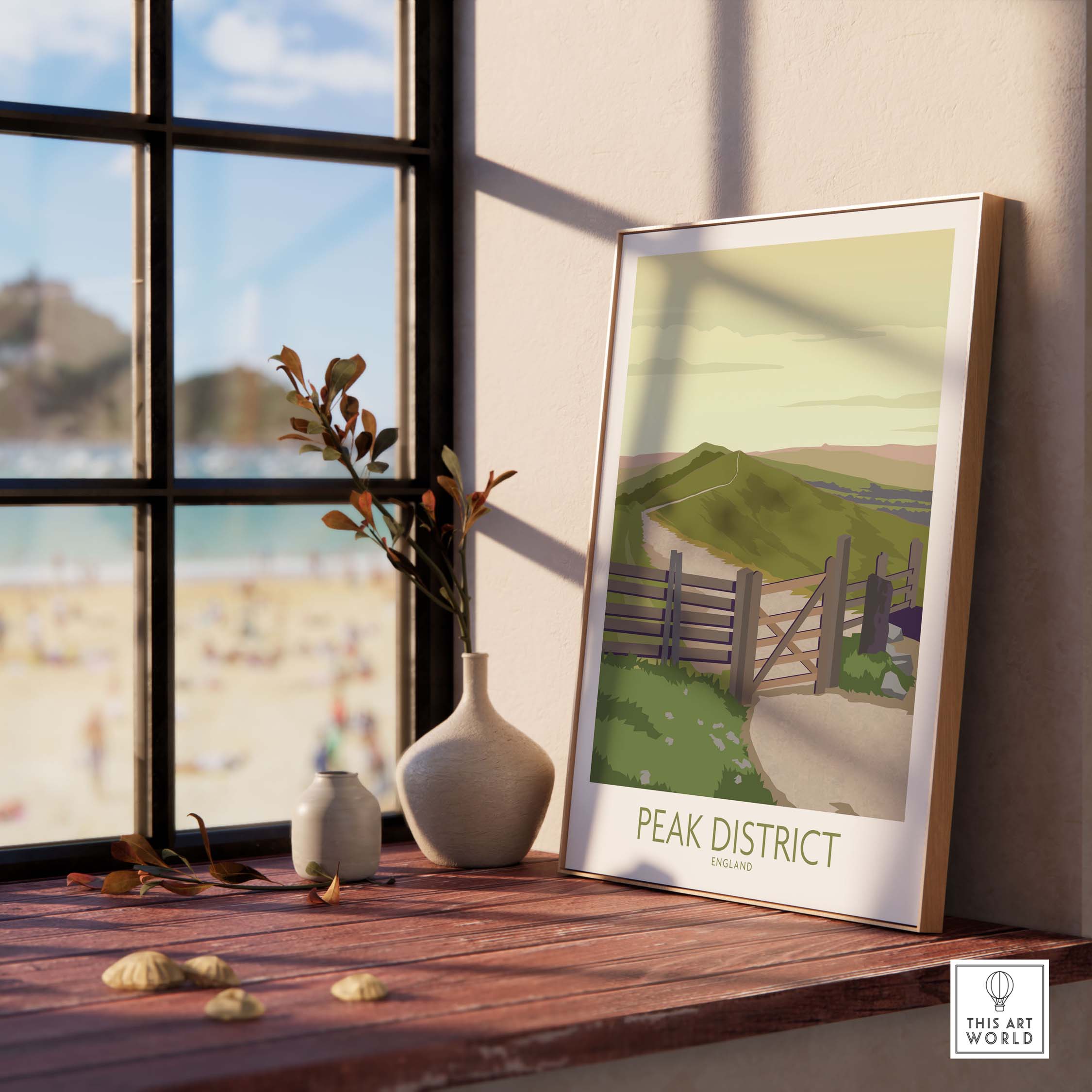 Peak District Art Print displayed by a window, inspired by vintage travel posters, perfect for home decor.
