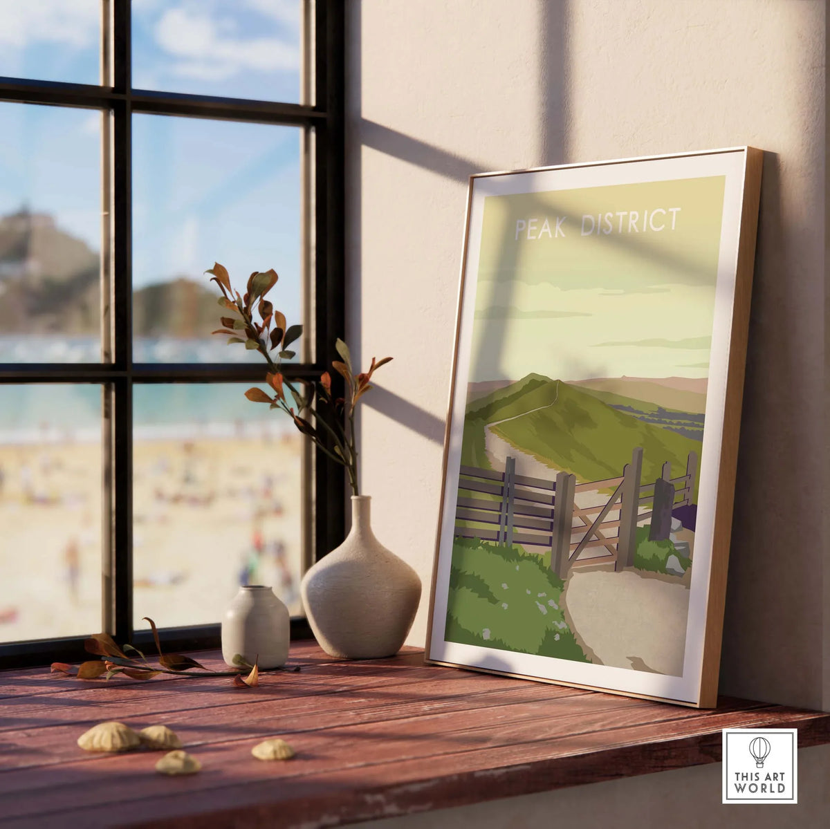 Peak District travel print displayed in a framed artwork setting with a scenic view.