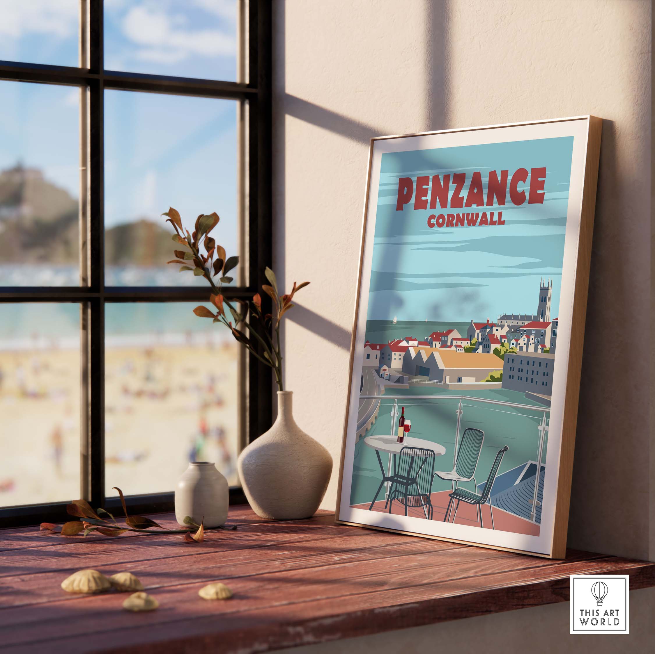 Penzance Cornwall Poster Print showcasing a coastal view, framed by a sunny window in a minimalist home setting.