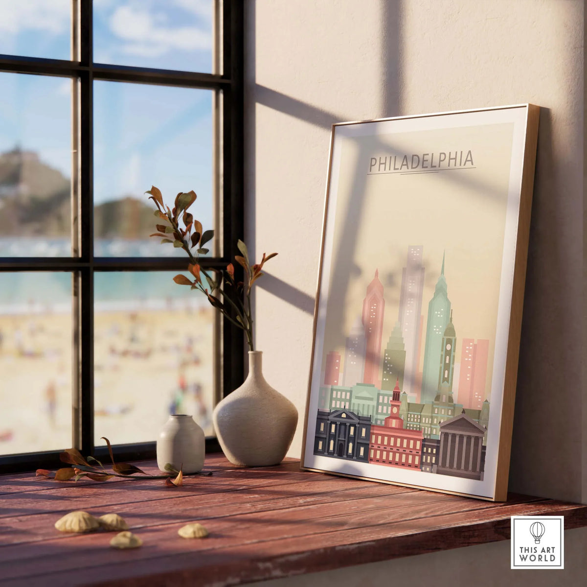 Philadelphia skyline poster displayed on a shelf with a window view, showcasing iconic buildings in pastel colors.