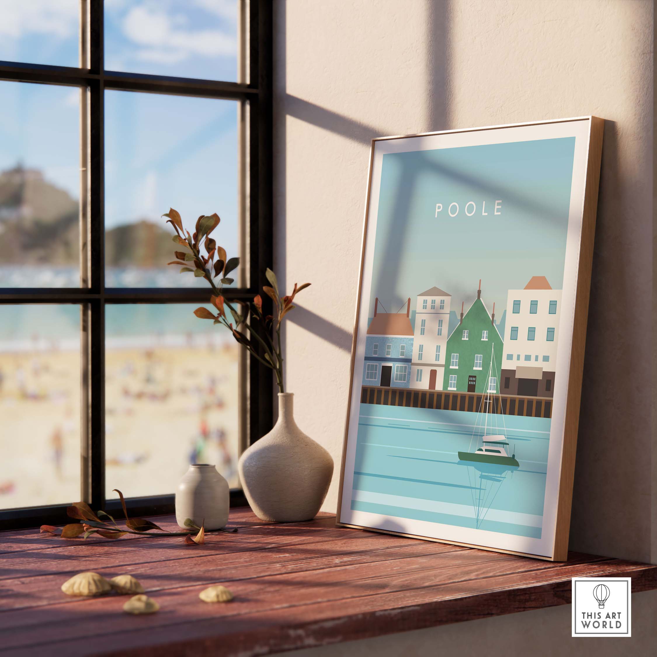 Framed Poole Print Poster Dorset wall art by This Art World in a bright room setting near a window.