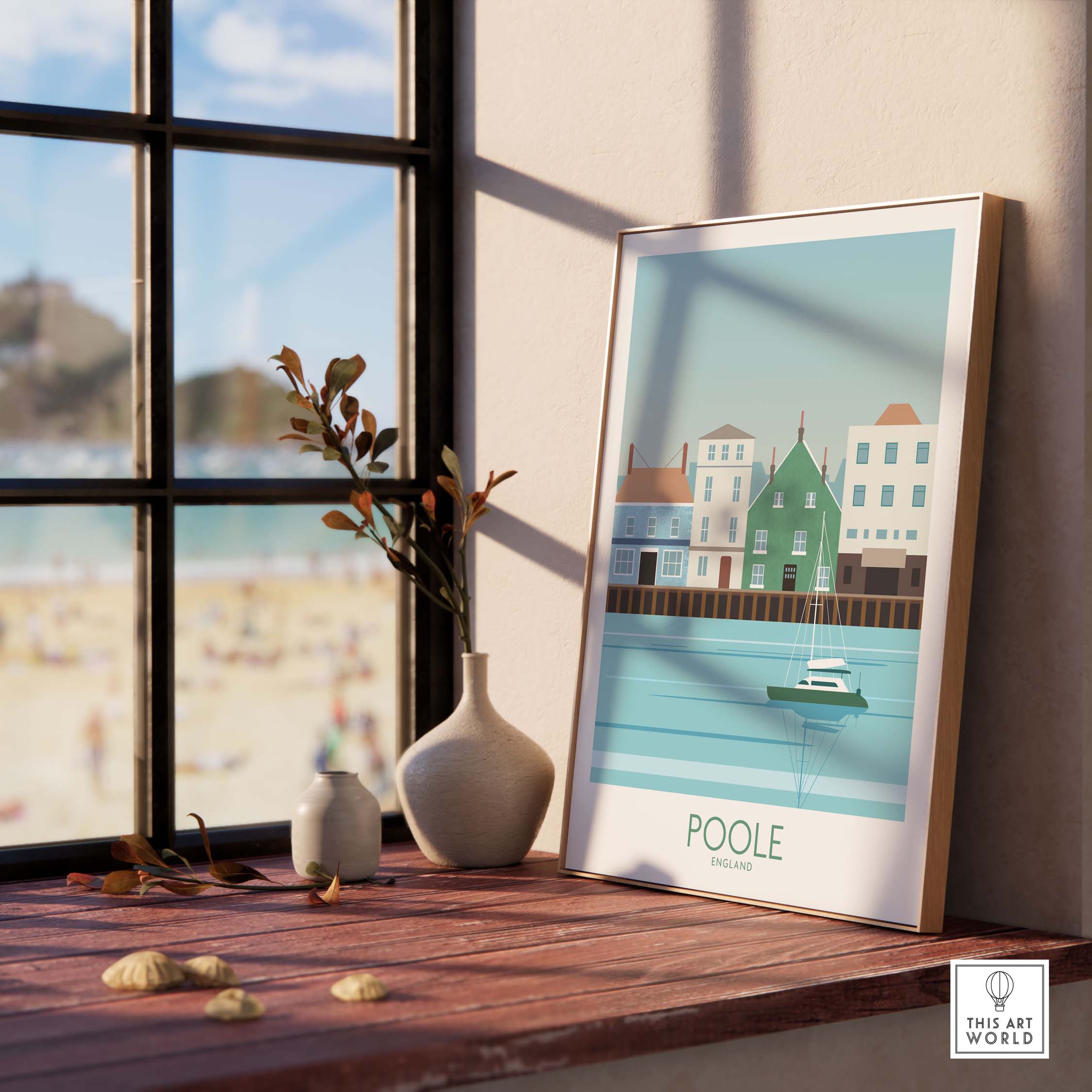 Poole Dorset travel poster print on a windowsill, showcasing scenic coastal artwork and stylish home decor.