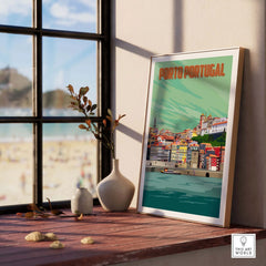 Framed Porto Print Poster Wall Art showcasing vibrant buildings and scenic river view of Portugal's Porto.