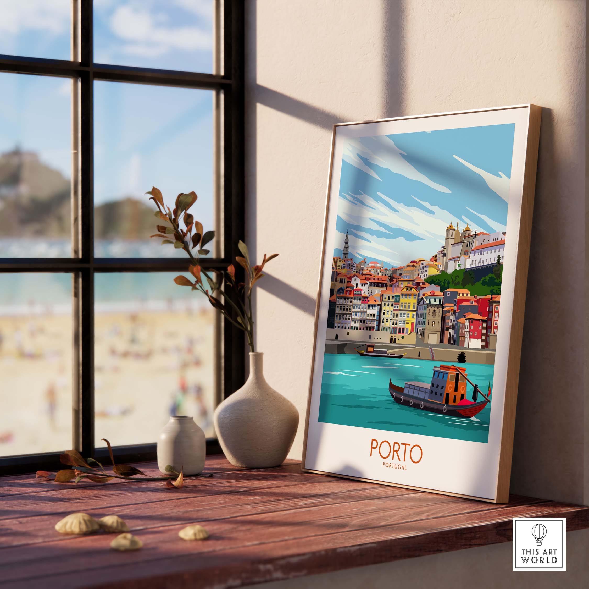 Porto travel poster print displayed on a wooden table with vase, showcasing vintage-inspired Portugal artwork.