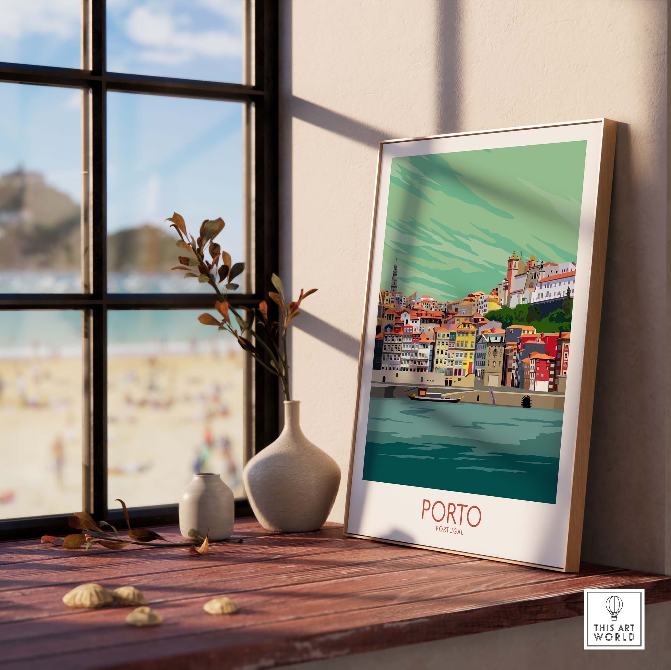 Porto Portugal Travel Poster displayed in a stylish interior with a beach view, perfect for home or office decor.