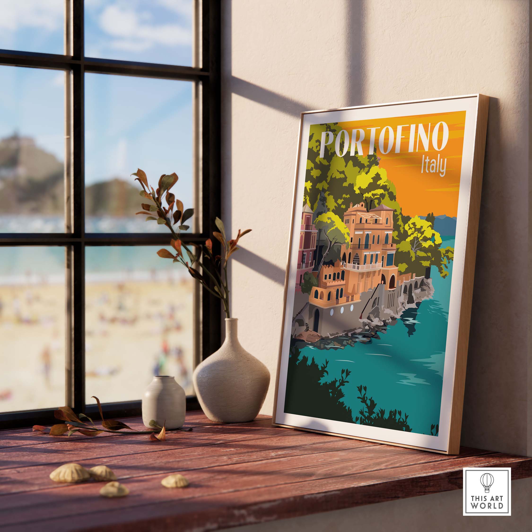 Portofino Print Poster Wall Art featuring vintage design, perfect for home decor and travel enthusiasts.
