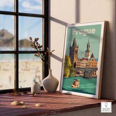 Vintage Prague print poster featuring iconic architecture and a serene boat scene on display in a stylish interior setting.