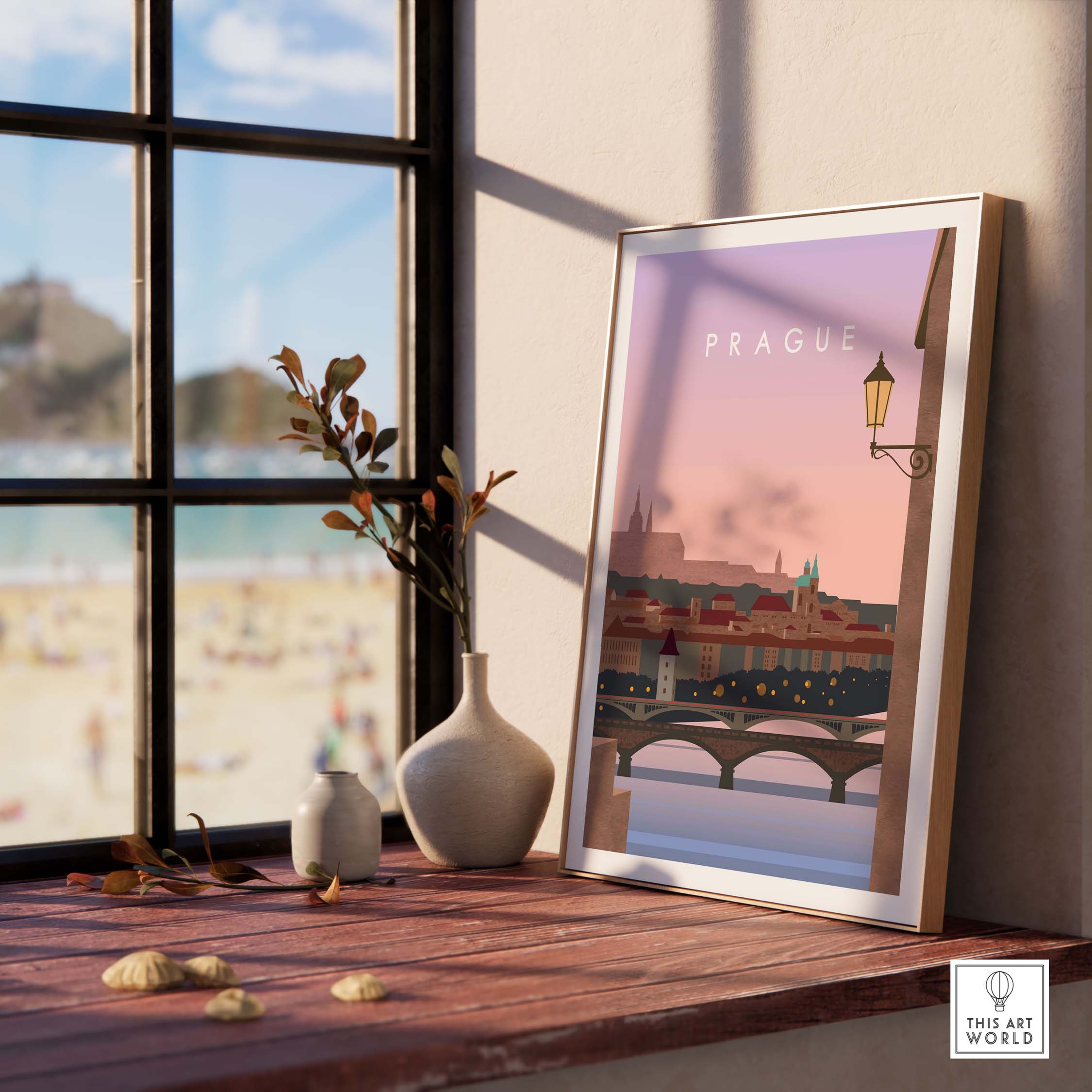 Framed Prague Print Wall Art Poster on table with sunset view, perfect for home decor and travel enthusiasts.