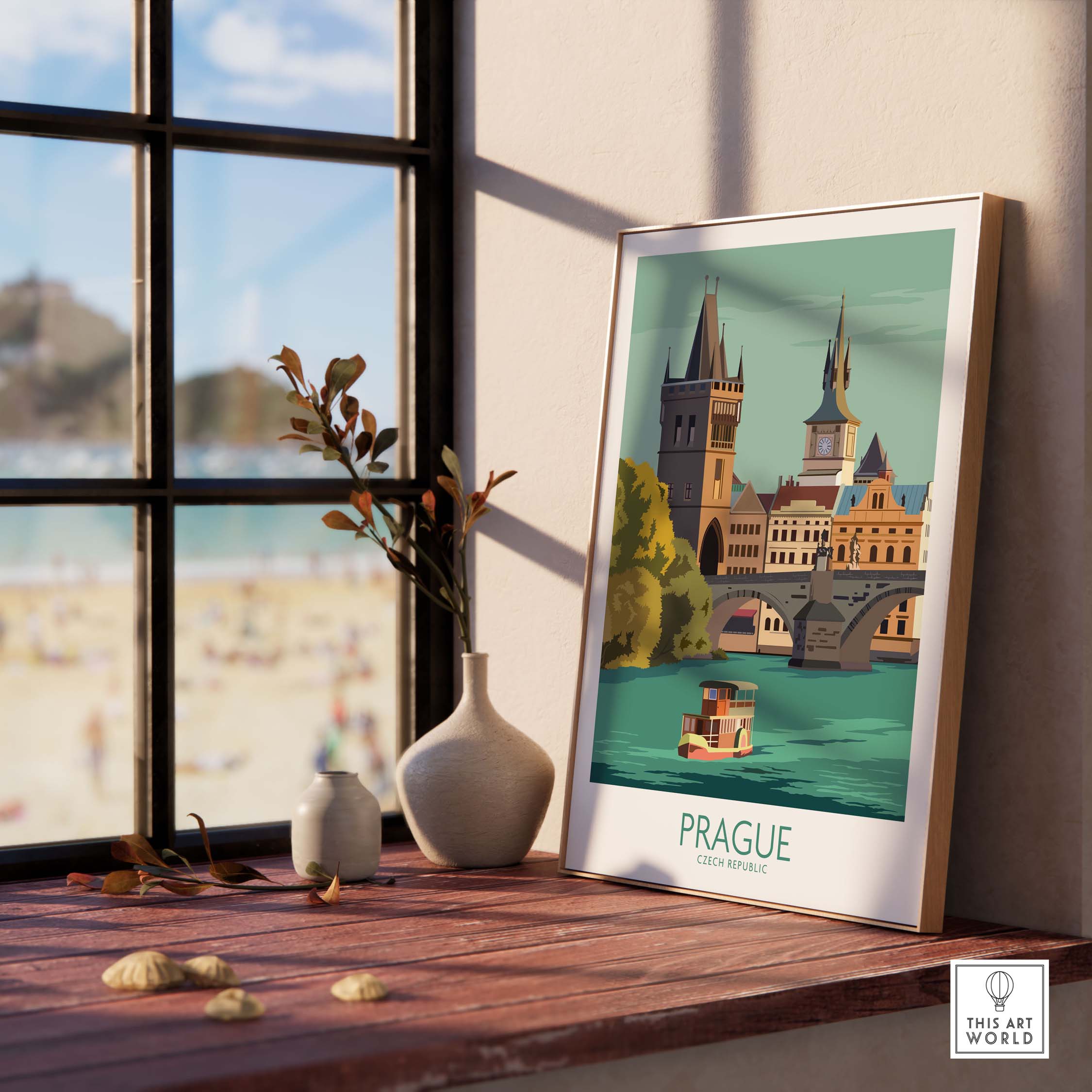 Prague poster travel print displayed in a sunlit room, featuring historic architecture and a cheerful river scene.