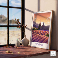 Provence Poster France Travel Print showcased in a stylish interior with a beach view, evoking wanderlust and nostalgia.