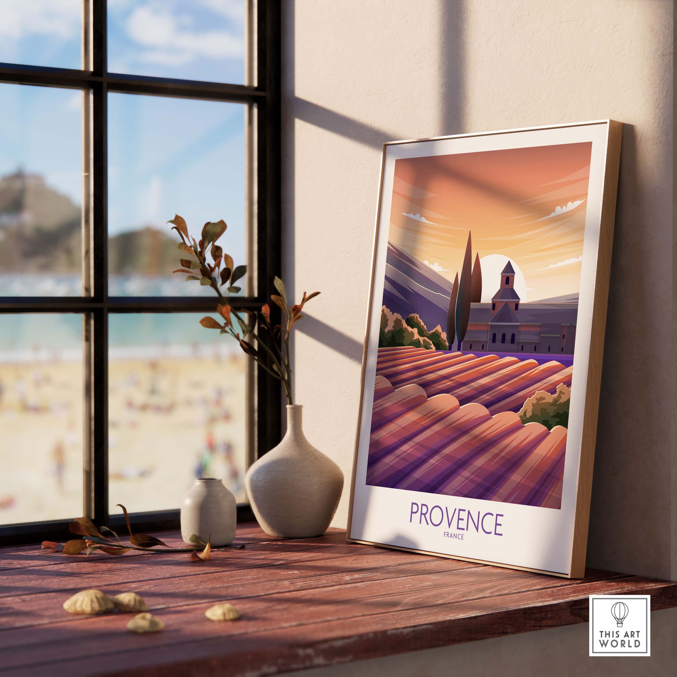 Provence Poster France Travel Print showcased in a stylish interior with a beach view, evoking wanderlust and nostalgia.