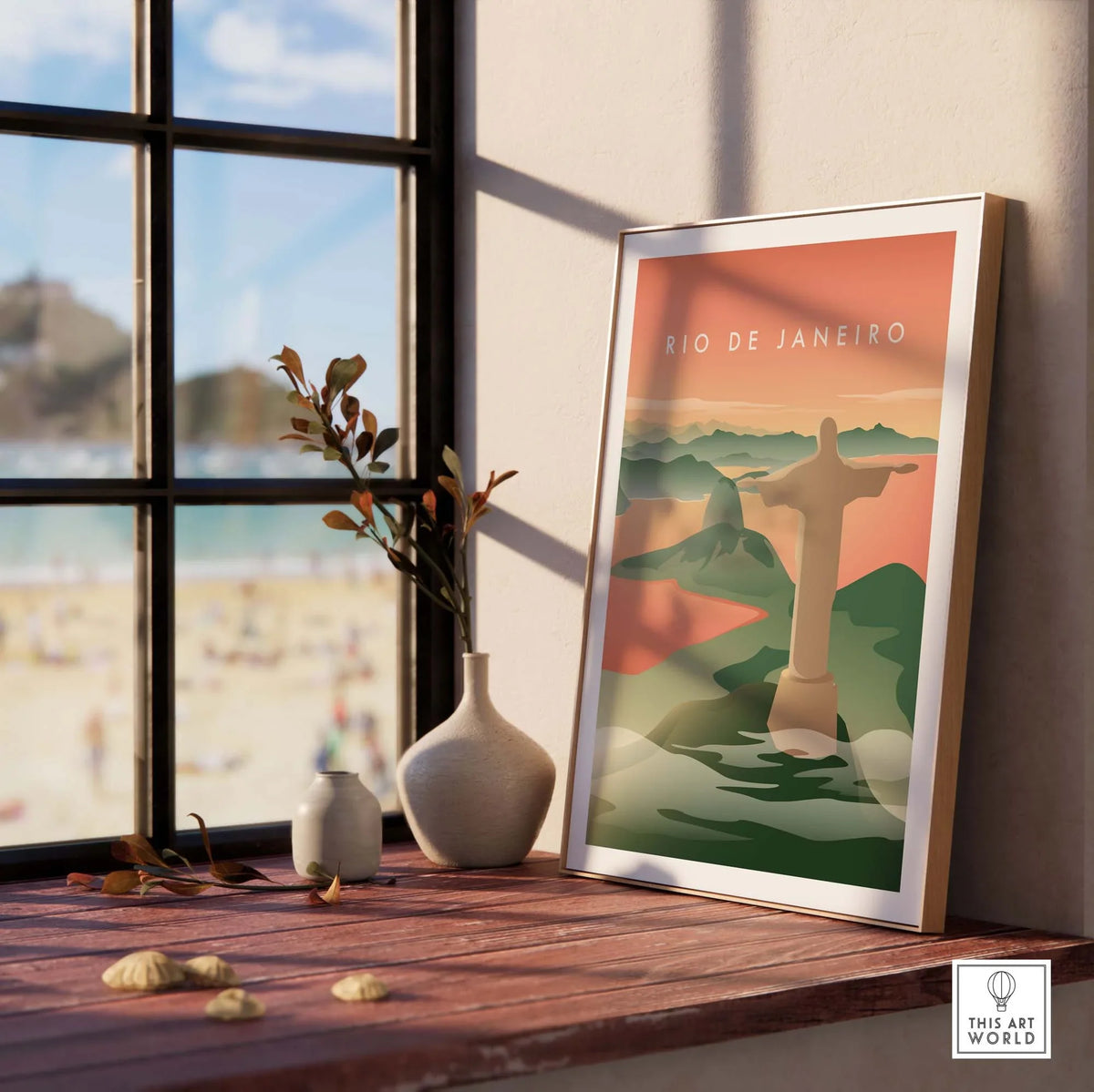 Rio de Janeiro wall art poster featuring the iconic Christ the Redeemer, displayed in a stylish sunlit room.