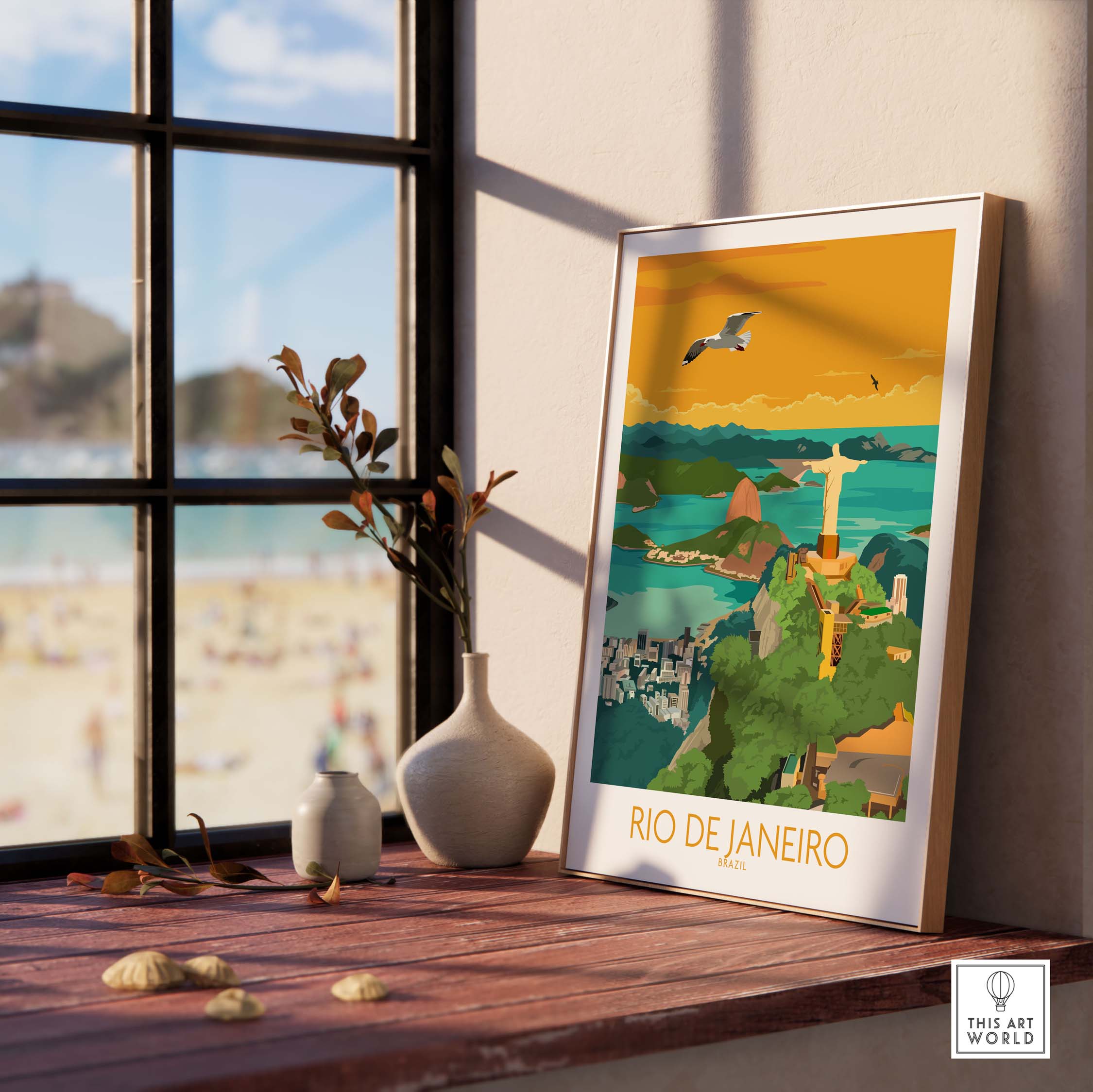Rio de Janeiro poster displayed indoors, showcasing vibrant artwork with iconic landscape and minimalist design.