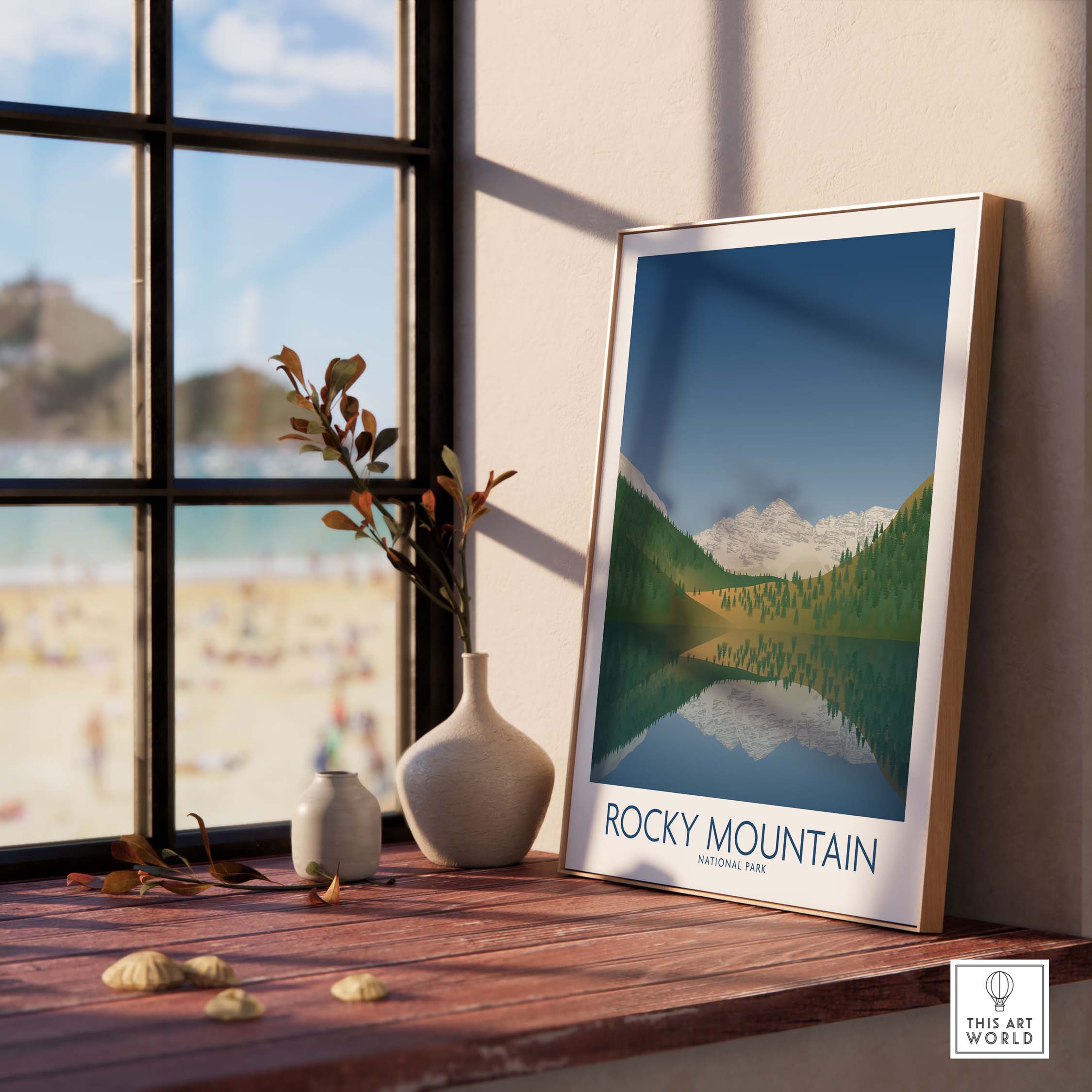 Rocky Mountain National Park art print displayed by a sunny window, showcasing minimalist nature design and vibrant colors.