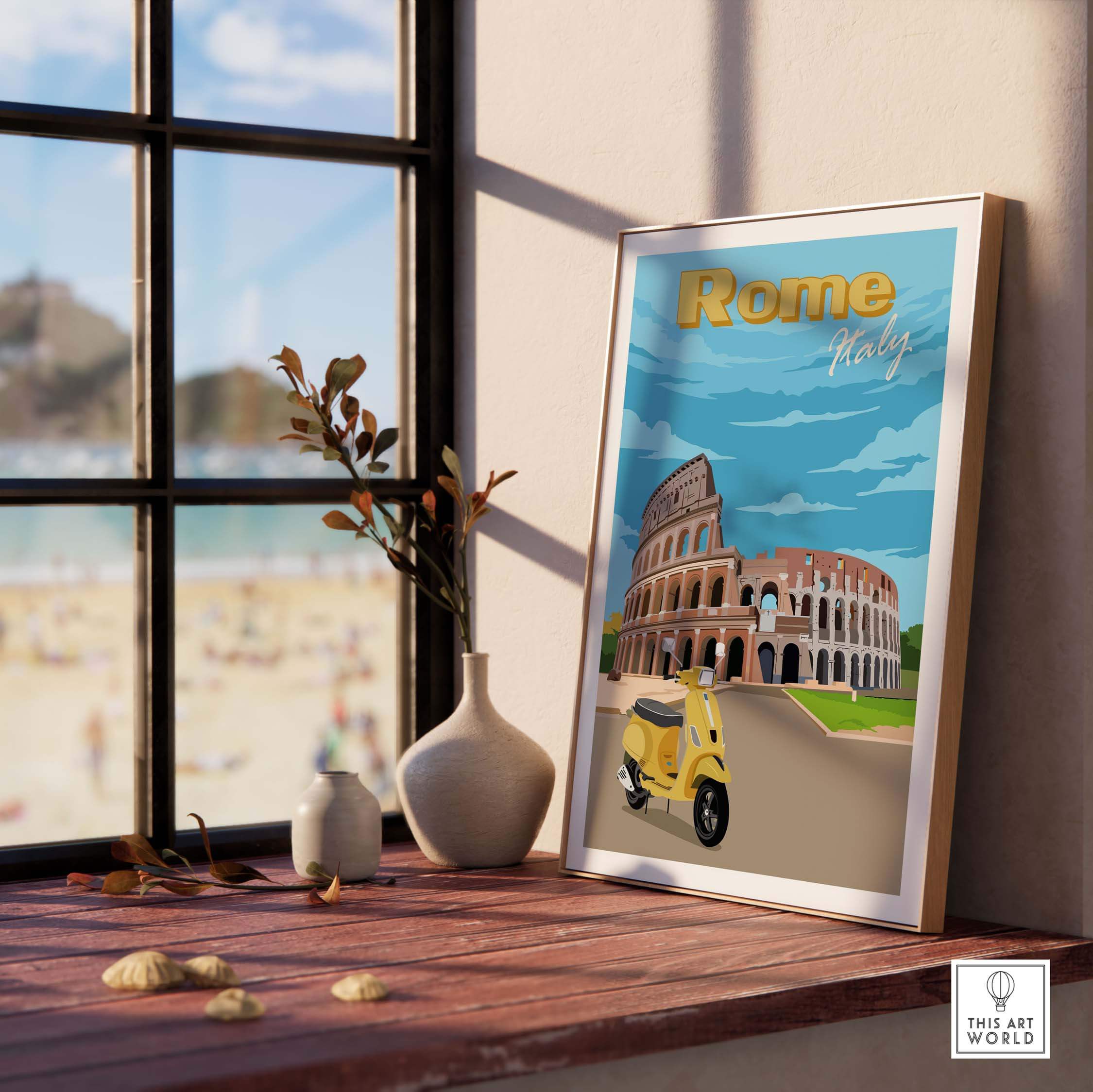 Rome print poster featuring the Colosseum and a vintage car, styled for wall art in a bright, inviting room.
