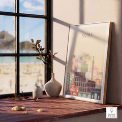 Rome city skyline print showcased in a sunlit room, highlighting iconic architecture and warm pastel tones.