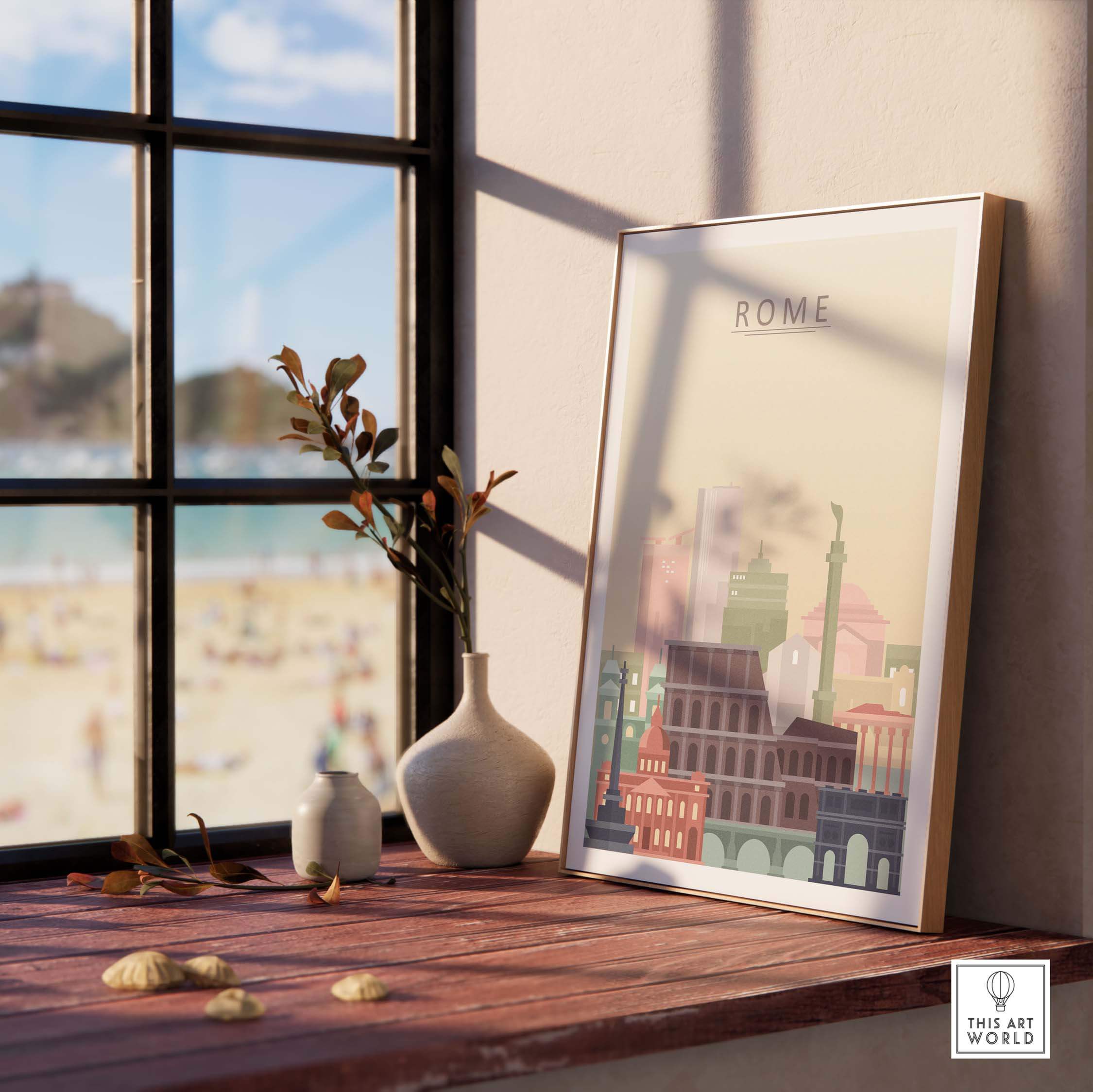 Rome city skyline print showcased in a sunlit room, highlighting iconic architecture and warm pastel tones.