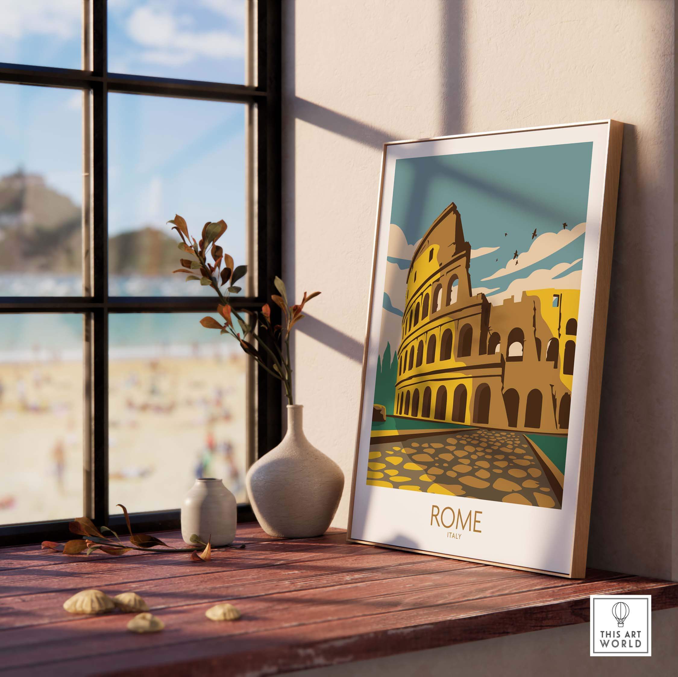 Vintage Rome poster featuring the Colosseum on a windowsill, ideal for travel enthusiasts' decor.