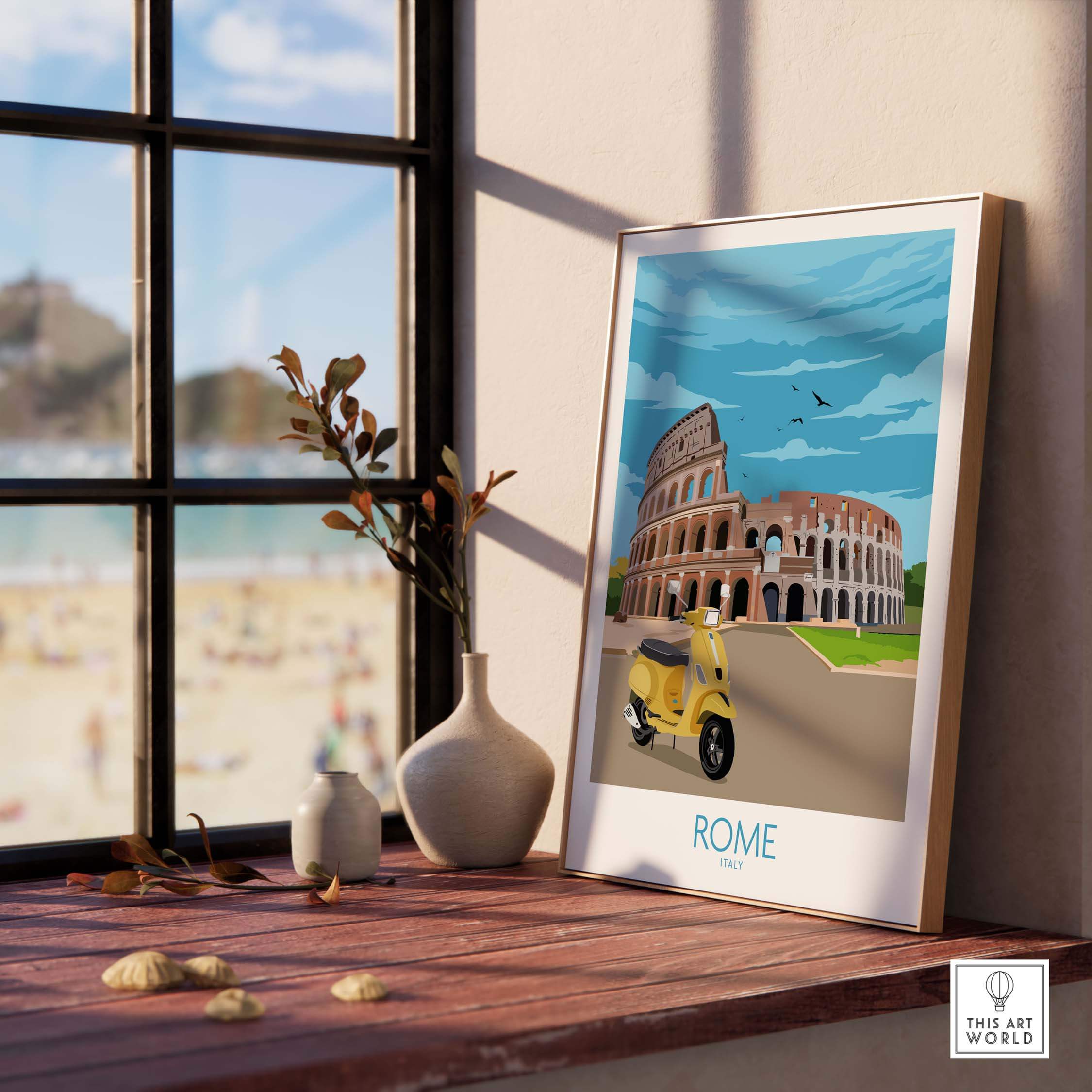Rome Travel Poster Print featuring the Colosseum and a vintage car on a stylish desk by a sunny window.