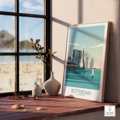 Rotterdam poster showcasing iconic landmarks and beach view, perfect for stylish home or office decor.