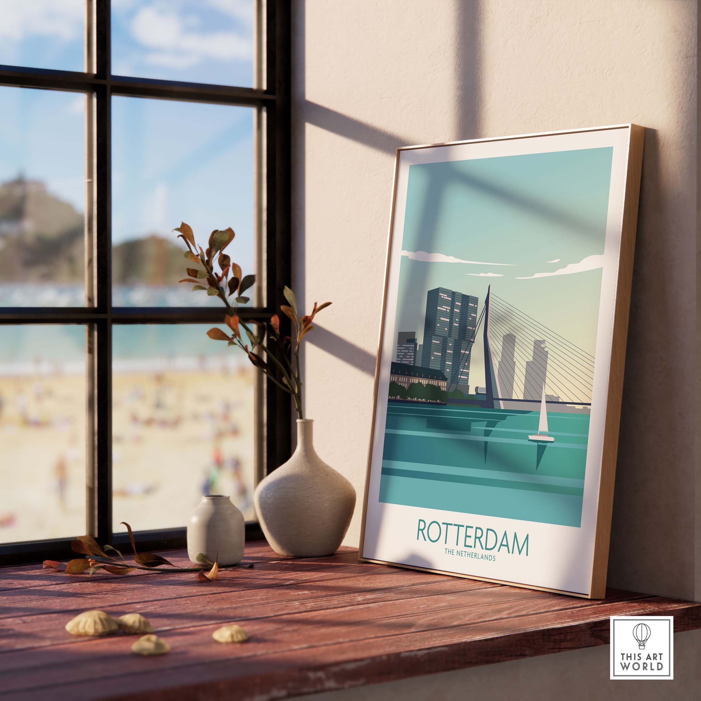 Rotterdam poster showcasing iconic landmarks and beach view, perfect for stylish home or office decor.
