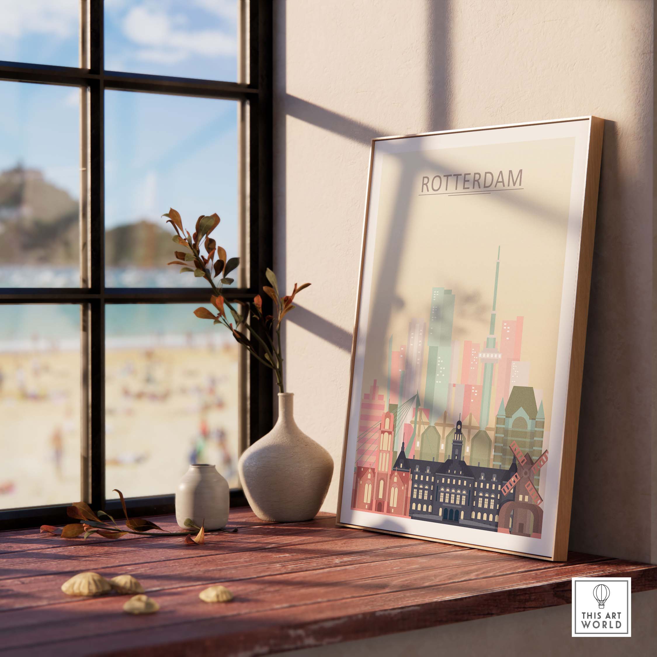 Rotterdam Skyline Print displayed in a stylish interior with warm pastel tones, perfect for wall art decoration.