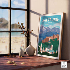 Salzburg travel poster print featuring mountains and historic architecture, styled in a minimalist design by This Art World.