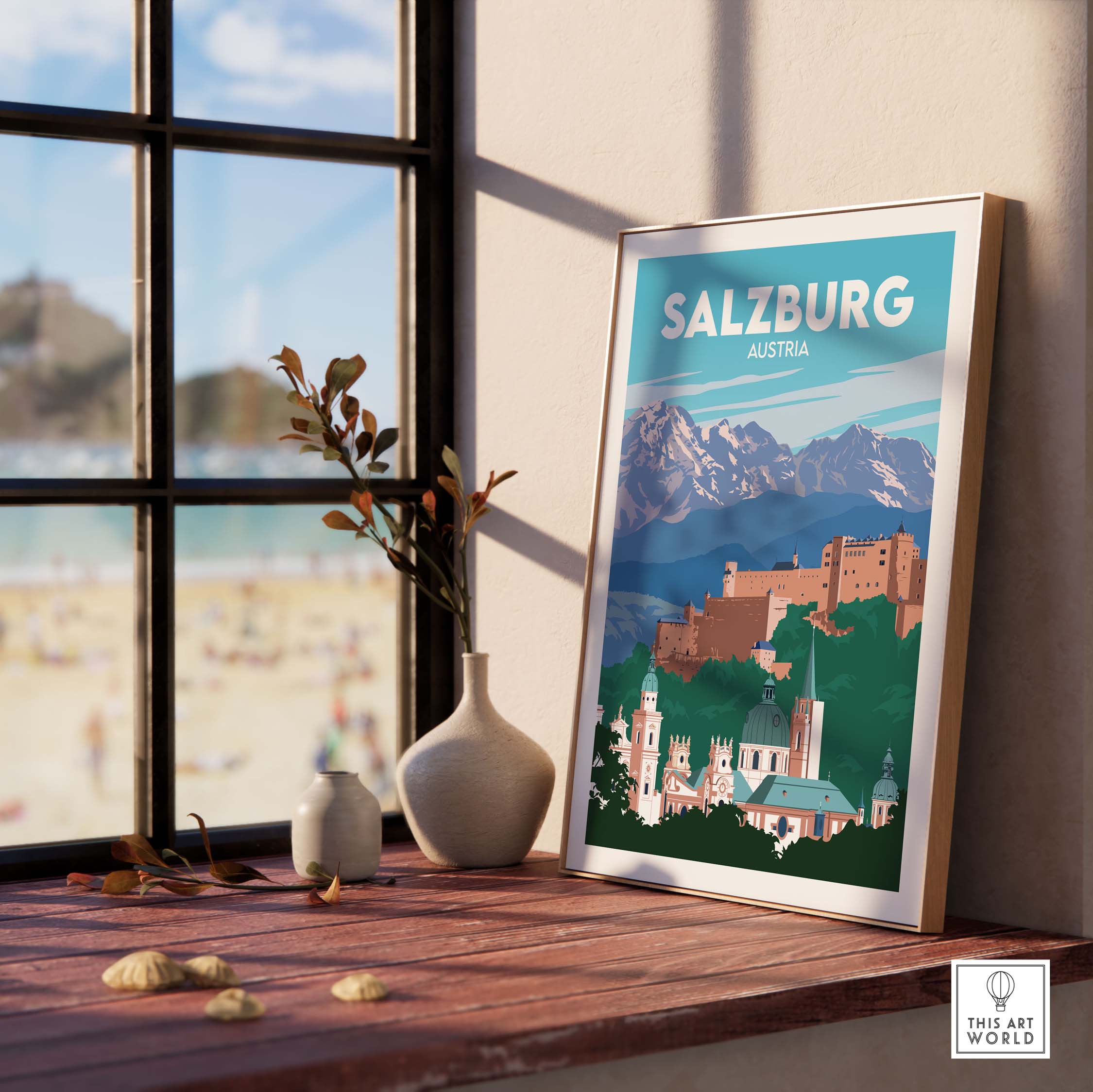 Salzburg travel poster print featuring mountains and historic architecture, styled in a minimalist design by This Art World.