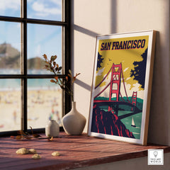 San Francisco Poster Wall Art featuring the Golden Gate Bridge, perfect for adding a vintage travel vibe to home decor.