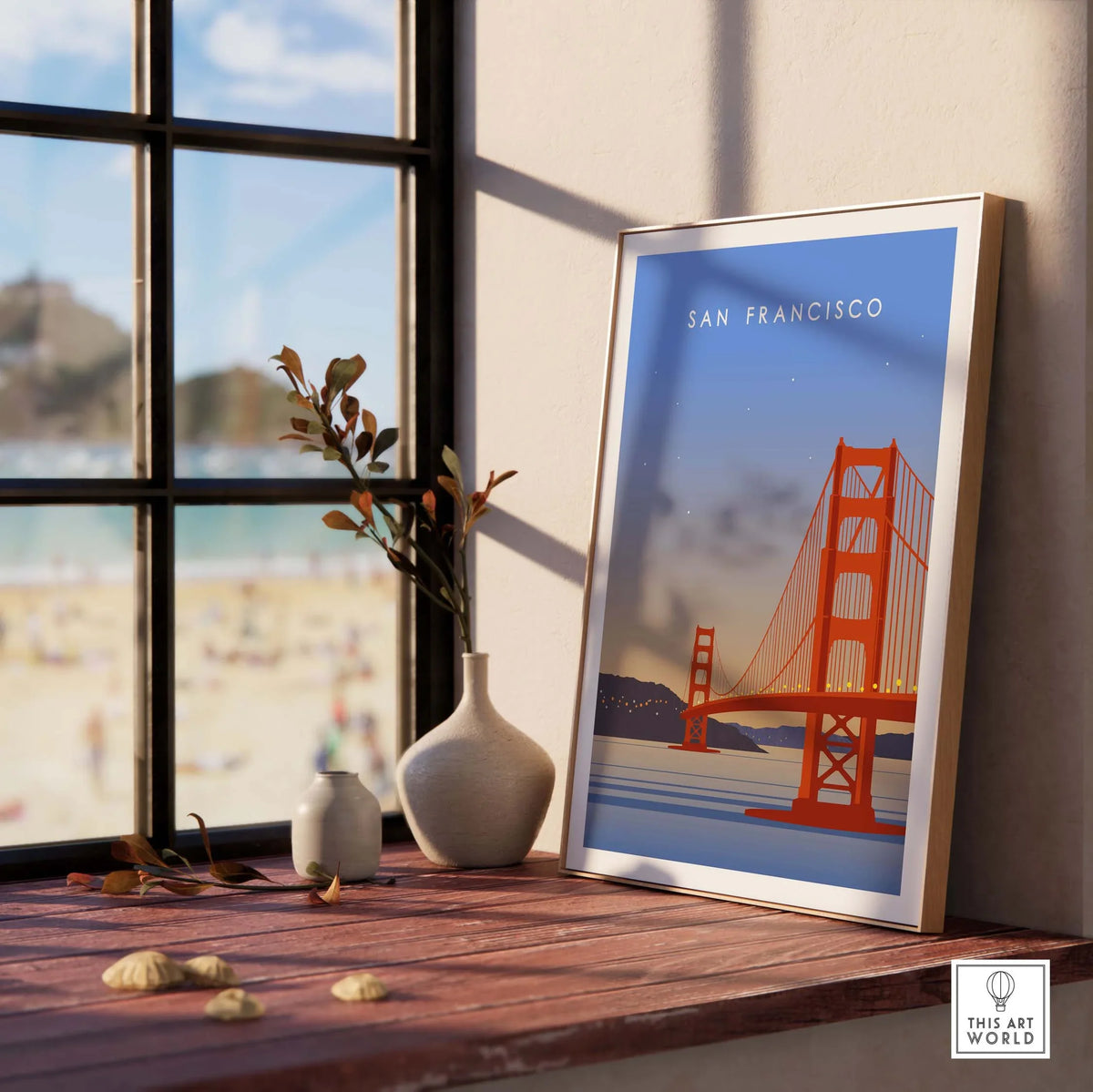 San Francisco Print Wall Art Poster featuring Golden Gate Bridge in a stylish framed display on a wooden table.