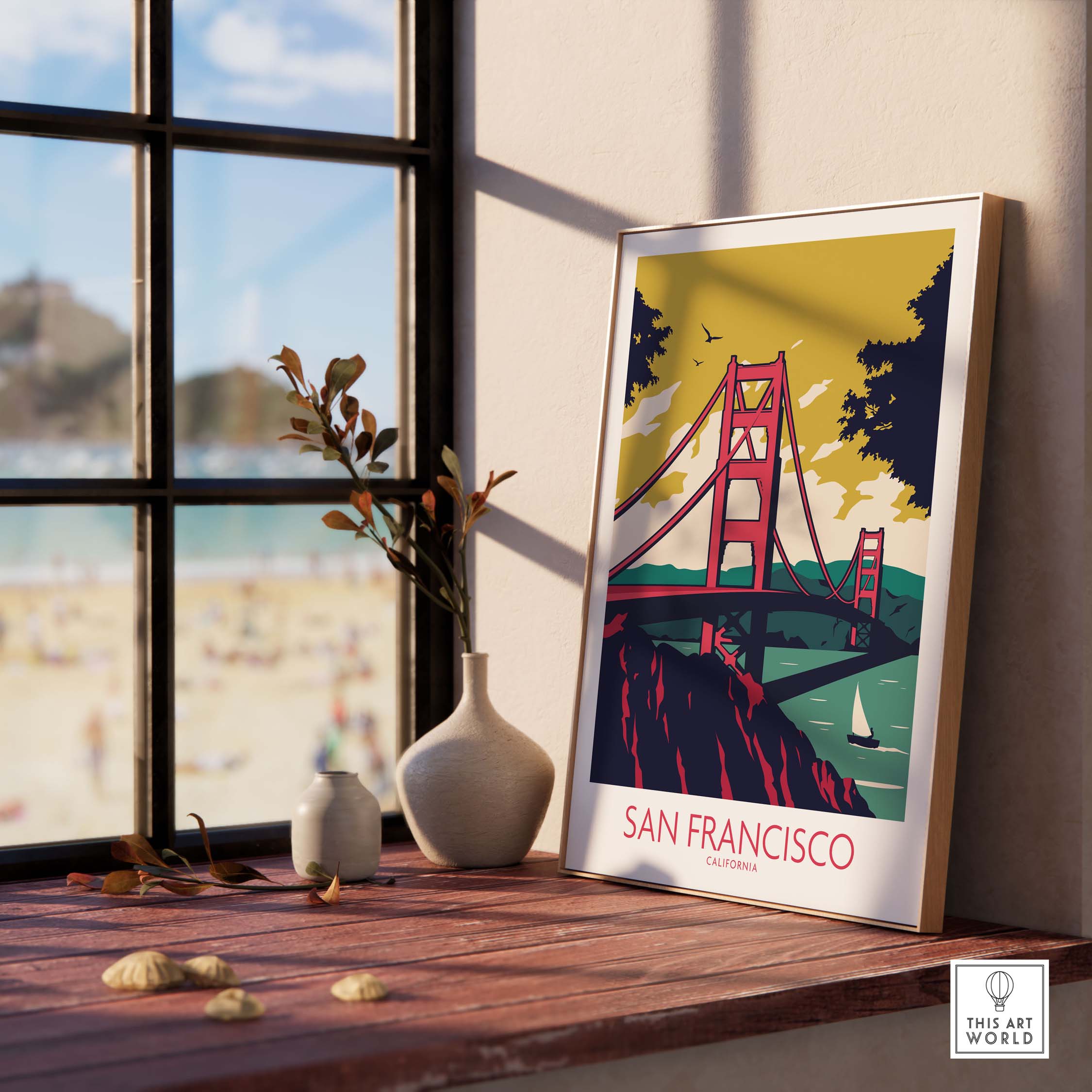 Framed San Francisco poster print featuring the Golden Gate Bridge, perfect for travel art lovers.