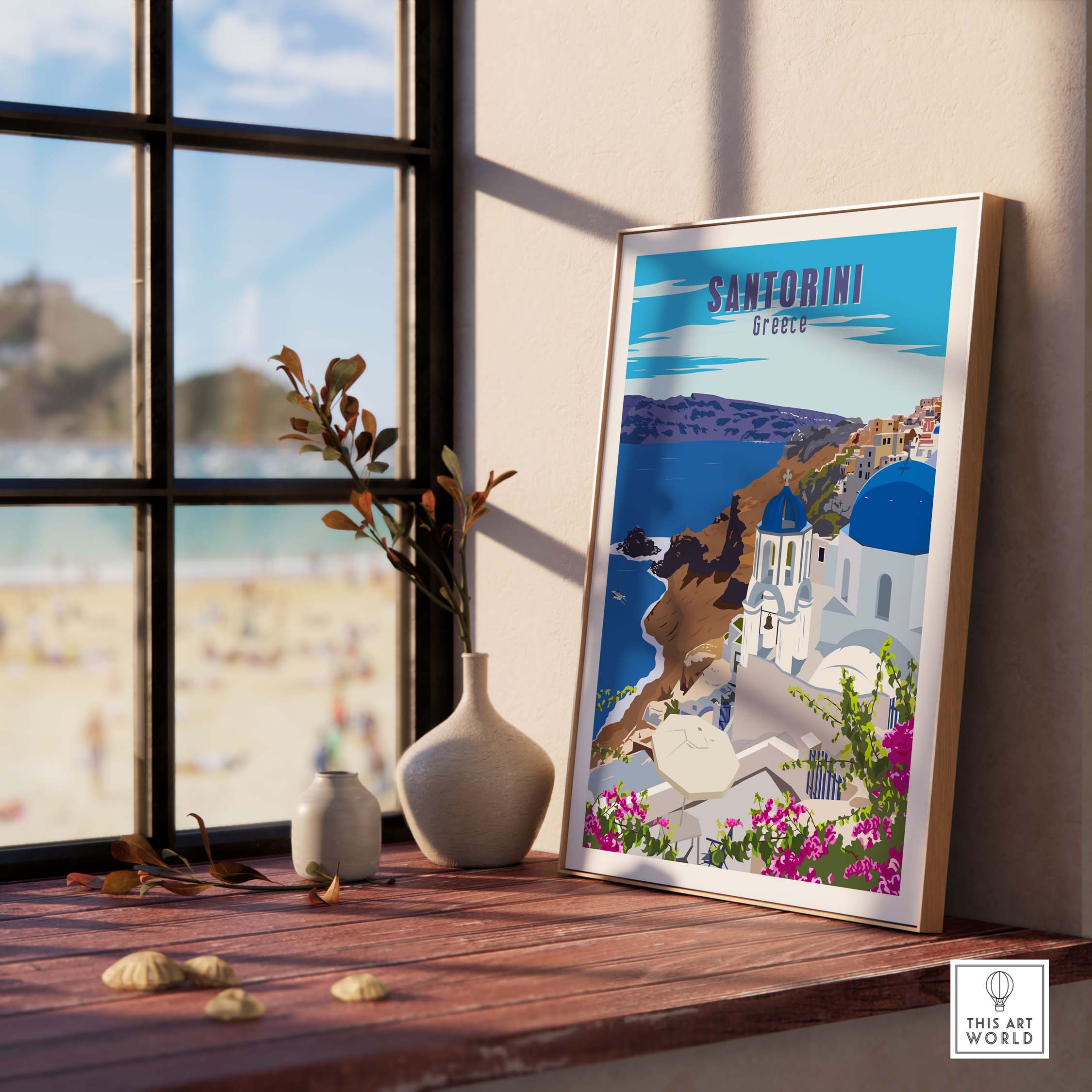 Santorini poster print wall art displayed by a window showcasing Greek architecture and vibrant colors on a sunny day.