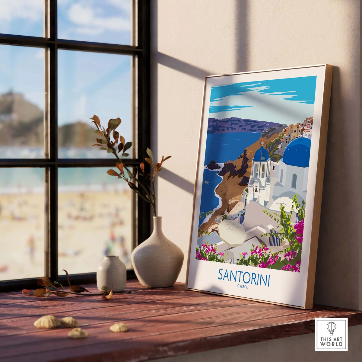 Santorini Print Travel Poster displayed on a windowsill, capturing the beauty of Santorini Island in vibrant colors.