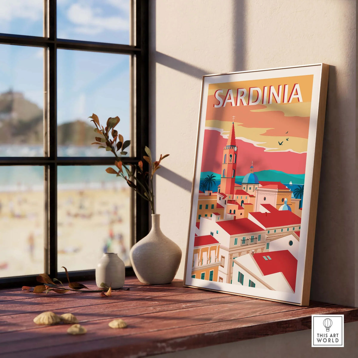 Sardinia Poster Print showcasing minimalist travel art, perfect for home or office decor with vibrant colors.