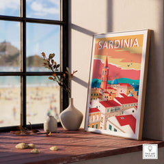 Sardinia Poster Print showcasing minimalist travel art, perfect for home or office decor with vibrant colors.