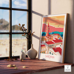 Sardinia Print Italy Travel Poster displayed on a windowsill with beach view, showcasing vibrant vintage artwork.
