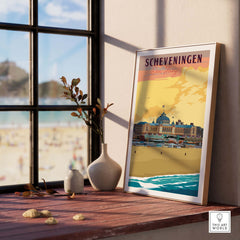 Scheveningen vintage travel poster displayed indoors by a sunny window, showcasing Den Haag, The Netherlands.