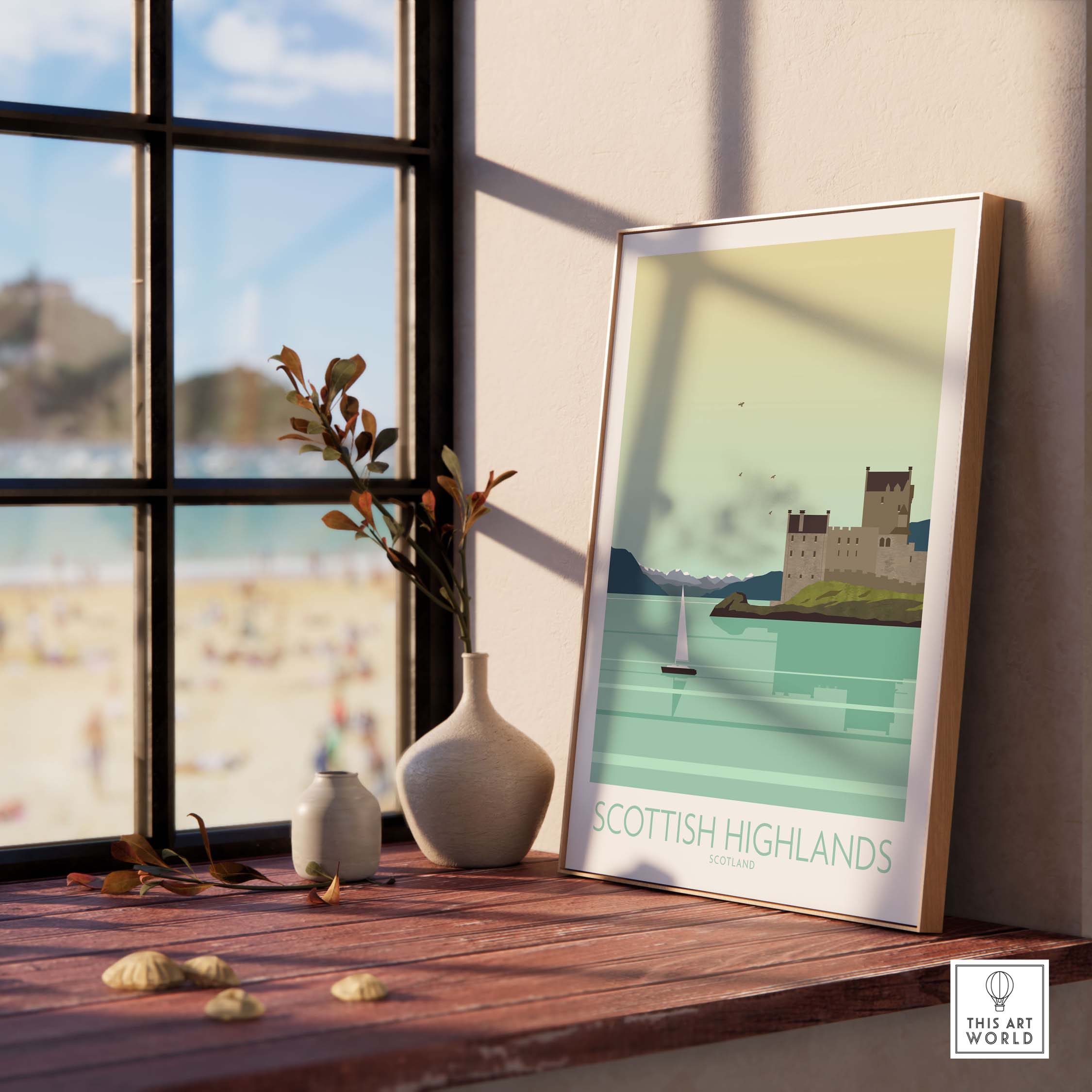 Scottish Highlands art print on wooden table by window, featuring a minimalist design and vintage travel poster style.