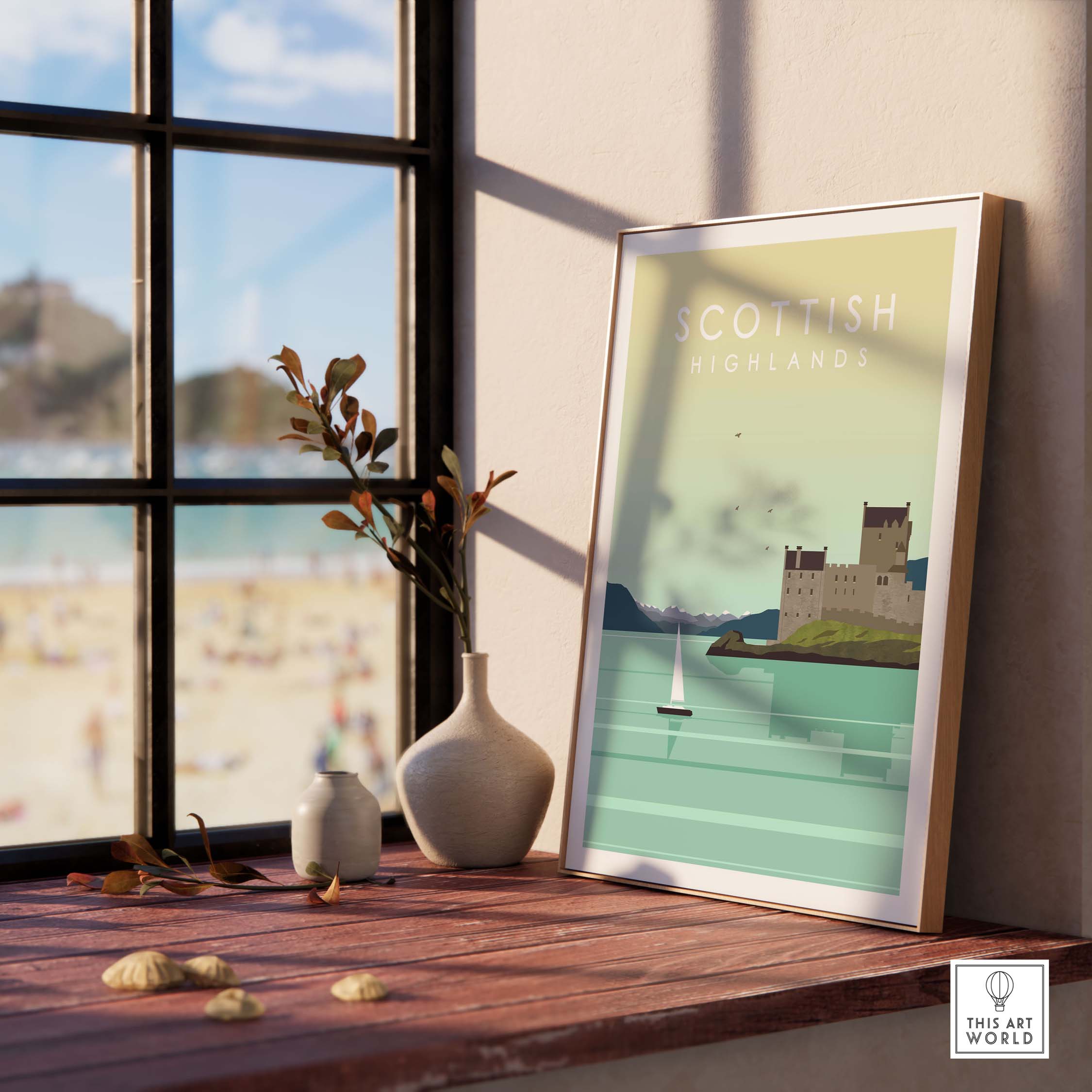 Scottish Highlands print wall art poster displayed in a sunny room with a beach view, perfect for wanderlust decor.